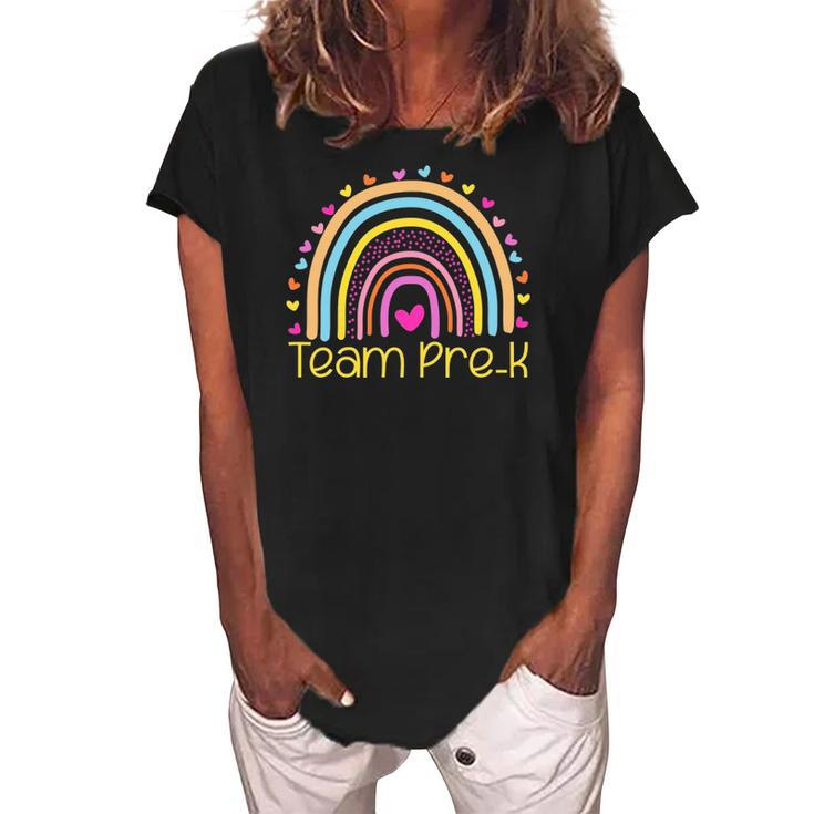 Team Pre K Teacher Rainbow Heart Education Women's Loosen Crew Neck Short Sleeve T-Shirt