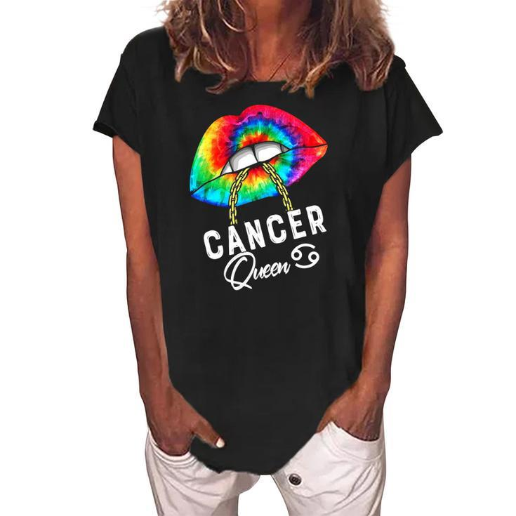 Tie Dye Cancer Queen Lips Zodiac July June Queens Womens Women's Loosen Crew Neck Short Sleeve T-Shirt