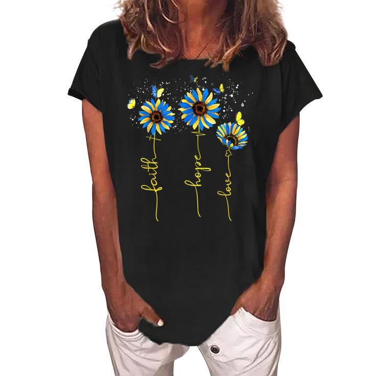 Ukraine Flag Sunflower Vintage Faith Cross Hope Love  Women's Loosen Crew Neck Short Sleeve T-Shirt