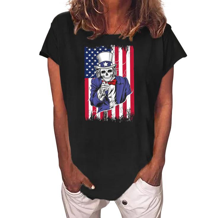 Uncle Sam Skeleton 4Th Of July For Boys And Girls Women's Loosen Crew Neck Short Sleeve T-Shirt