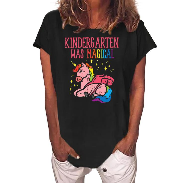 Unicorn Kindergarten Was Magical Last Day Graduation Girls Women's Loosen Crew Neck Short Sleeve T-Shirt