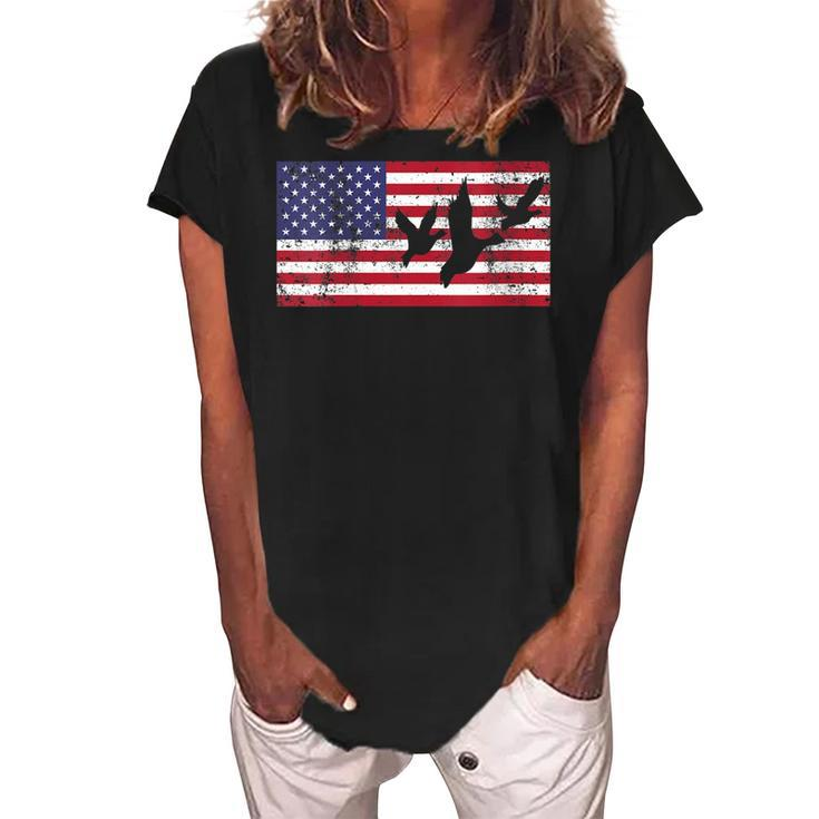 Womens 4Th Of July American Flag Hunting Hunter Geese Goose Dad Usa  Women's Loosen Crew Neck Short Sleeve T-Shirt