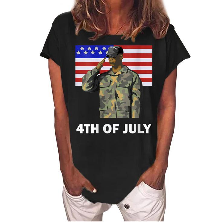Womens 4Th Of July Proud Army Dad Independence Day American Flag  Women's Loosen Crew Neck Short Sleeve T-Shirt