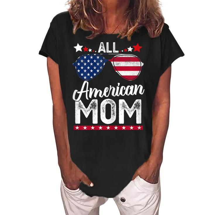 Womens All American Mom 4Th Of July  Mothers Day Women Mommy  Women's Loosen Crew Neck Short Sleeve T-Shirt