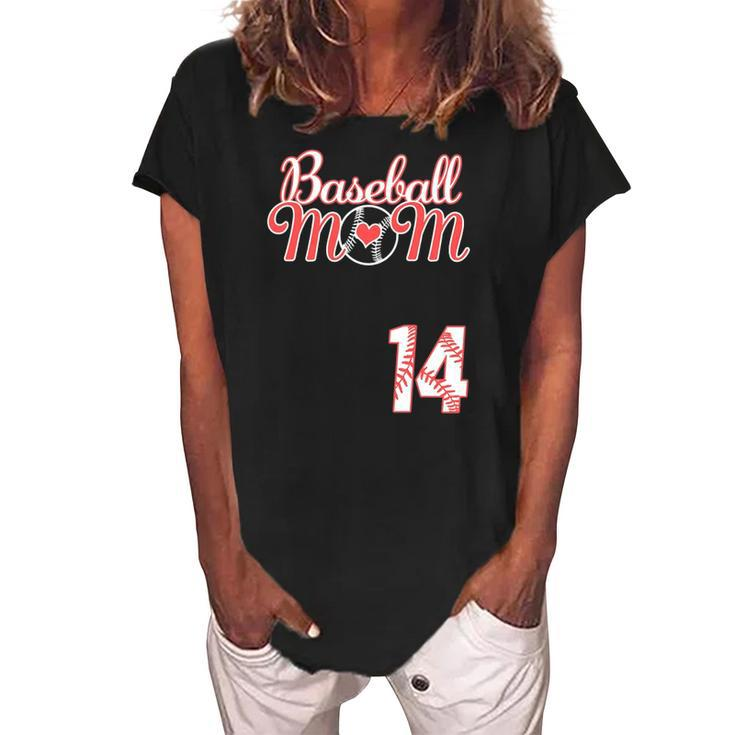 Womens Baseball Mom Mothers Day 14 Baseball Player Jersey  Women's Loosen Crew Neck Short Sleeve T-Shirt