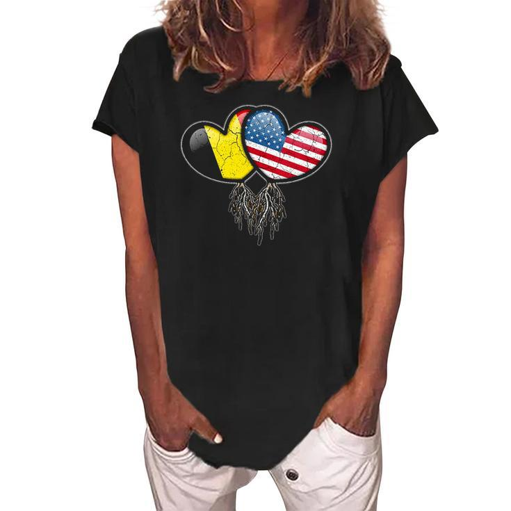 Womens Belgian American Flags Inside Hearts With Roots Women's Loosen Crew Neck Short Sleeve T-Shirt