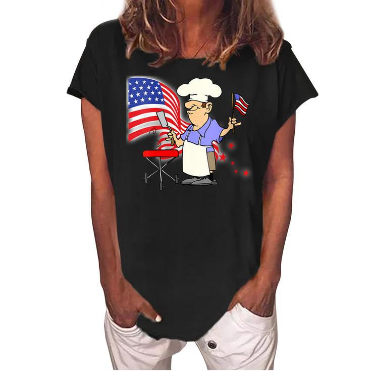 Womens Funny Patriotic All American Dad 4Th Of July Flag Bbq Men  Women's Loosen Crew Neck Short Sleeve T-Shirt