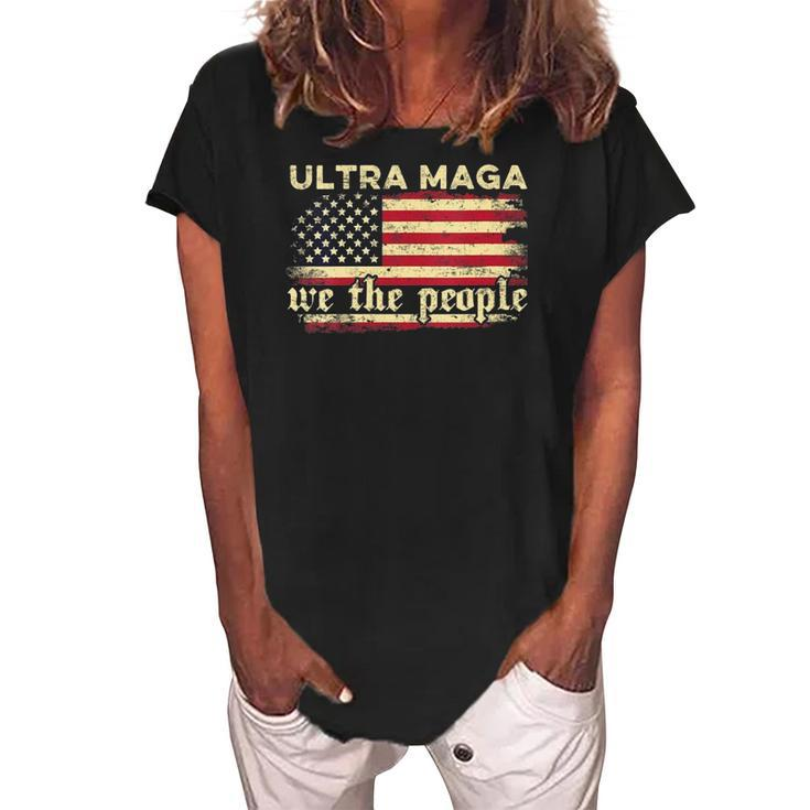 Womens Funny Ultra Maga Vintage American Flag Ultra-Maga Retro  Women's Loosen Crew Neck Short Sleeve T-Shirt