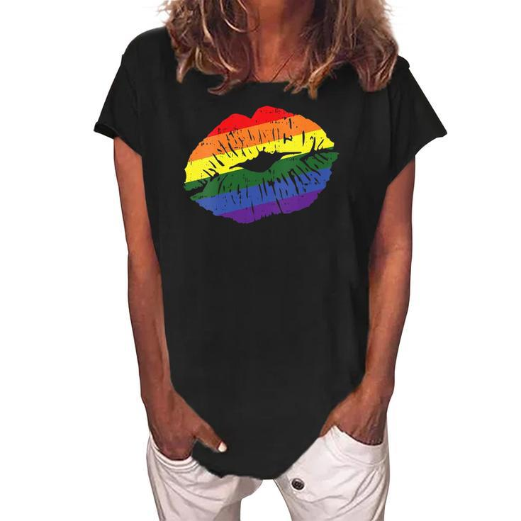 Womens Gay Kiss Rainbow Pride Flag Sexy Lips Proud Lgbt Q Ally Women's Loosen Crew Neck Short Sleeve T-Shirt