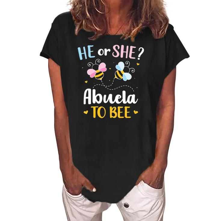 Womens Gender Reveal He Or She Abuela Matching Family Baby Party  Women's Loosen Crew Neck Short Sleeve T-Shirt