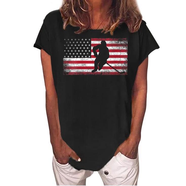Womens Hockey American Flag 4Th Of July Patriotic Usa Dad Men Son  Women's Loosen Crew Neck Short Sleeve T-Shirt