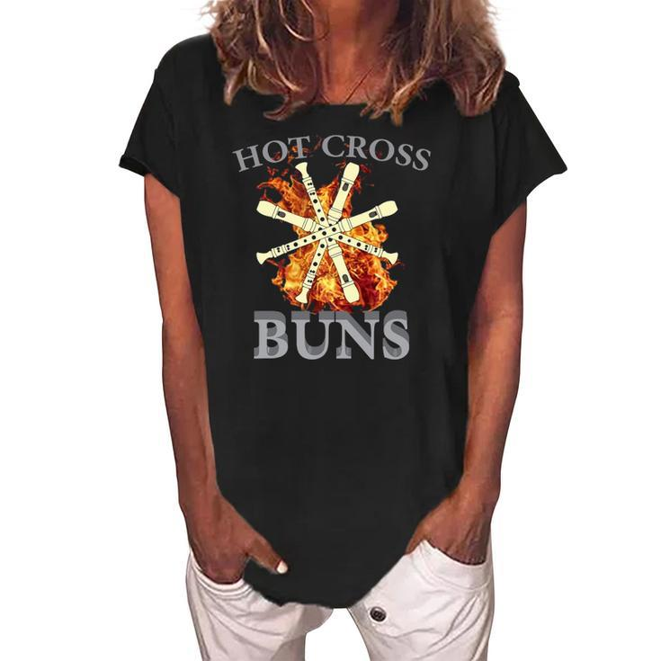 Womens Hot Cross Buns Pattern Flute Player For Dad Women's Loosen Crew Neck Short Sleeve T-Shirt
