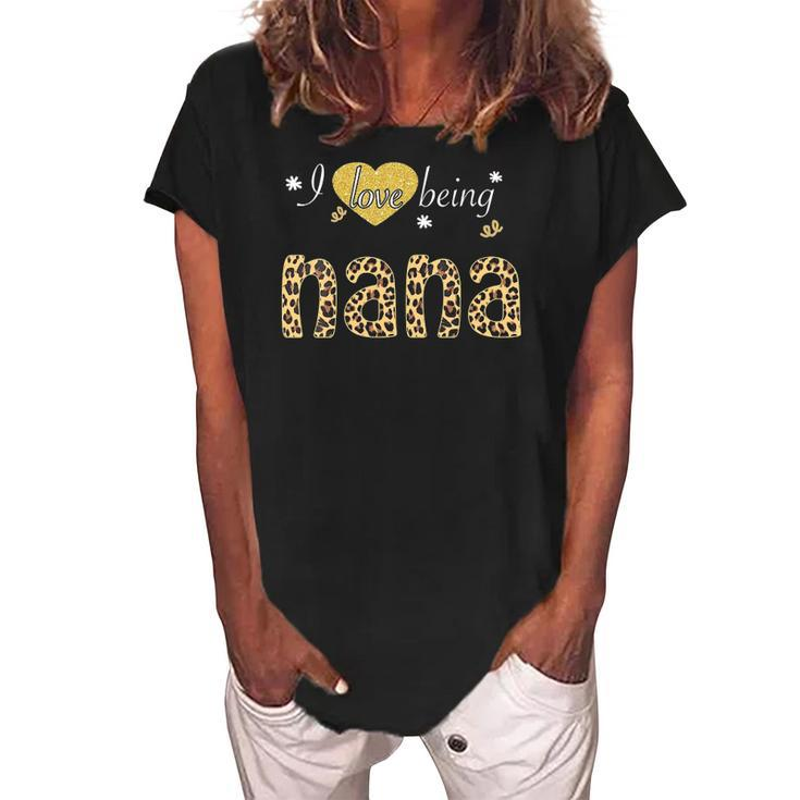 Womens I Love Being Nana Leopard Plaid Tee Gift Women's Loosen Crew Neck Short Sleeve T-Shirt
