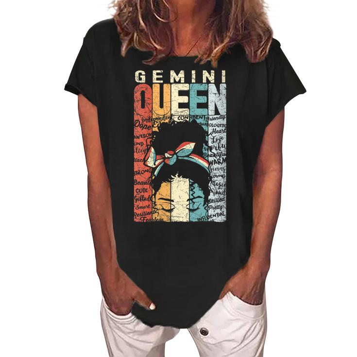 Womens June Birthday Gemini Queen Im Black Queen Afro Mom Bun  Women's Loosen Crew Neck Short Sleeve T-Shirt