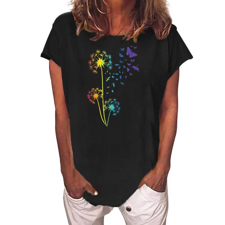 Womens Just Dandelion Butterfly Breathe Rainbow Flowers Dragonfly Women's Loosen Crew Neck Short Sleeve T-Shirt