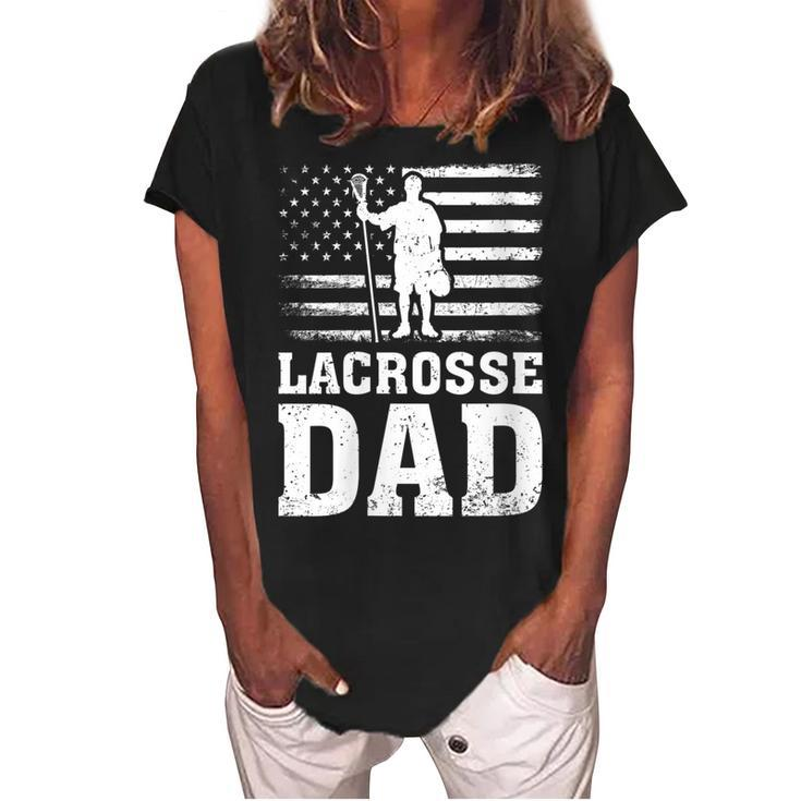 Womens Lacrosse Sports Lover American Flag Lacrosse Dad 4Th Of July  Women's Loosen Crew Neck Short Sleeve T-Shirt