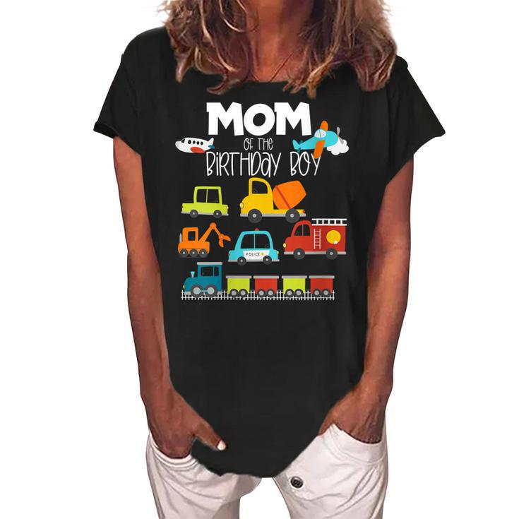 Womens Mom Of The Birthday Boy Family Matching Train Car Fire Truck  Women's Loosen Crew Neck Short Sleeve T-Shirt