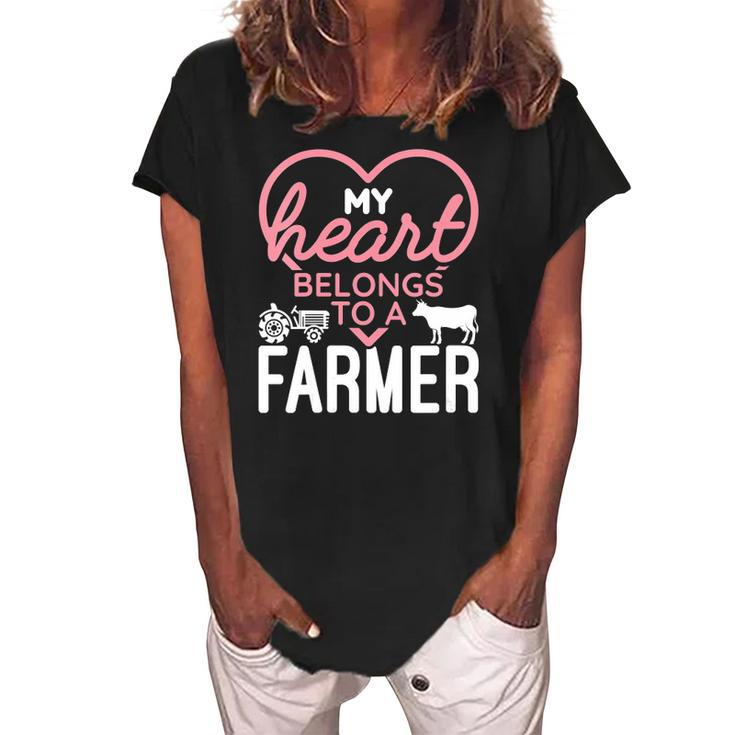 Womens My Heart Belongs To A Farmer Romantic Farm Wife Girlfriend Women's Loosen Crew Neck Short Sleeve T-Shirt