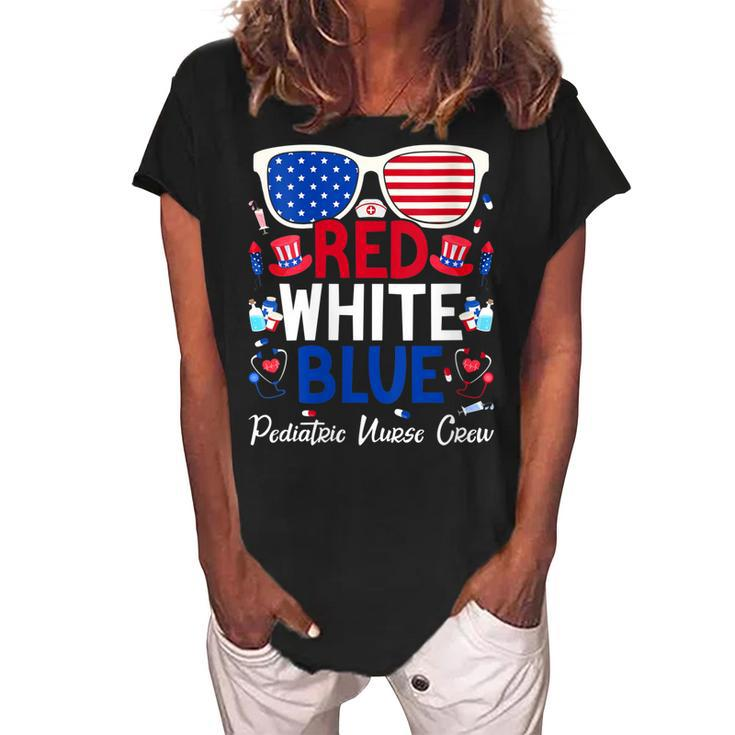 Womens Nurse July 4Th Red White Blue Pediatric Nurse Crew Patriotic  Women's Loosen Crew Neck Short Sleeve T-Shirt