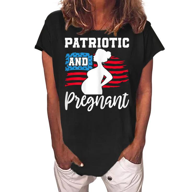 Womens Patriotic And Pregnant Baby Reveal 4Th Of July Pregnancy  Women's Loosen Crew Neck Short Sleeve T-Shirt