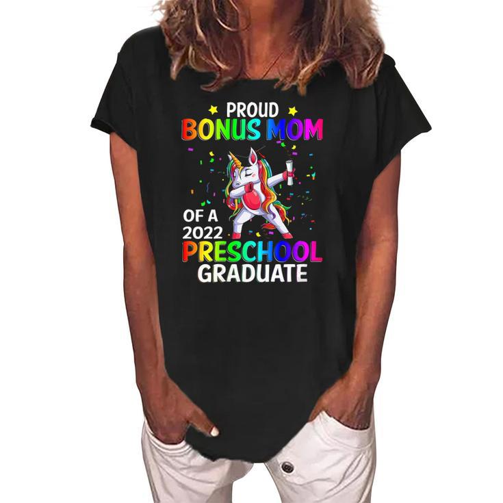 Womens Proud Bonus Mom Of A 2022 Preschool Graduate Unicorn  Women's Loosen Crew Neck Short Sleeve T-Shirt