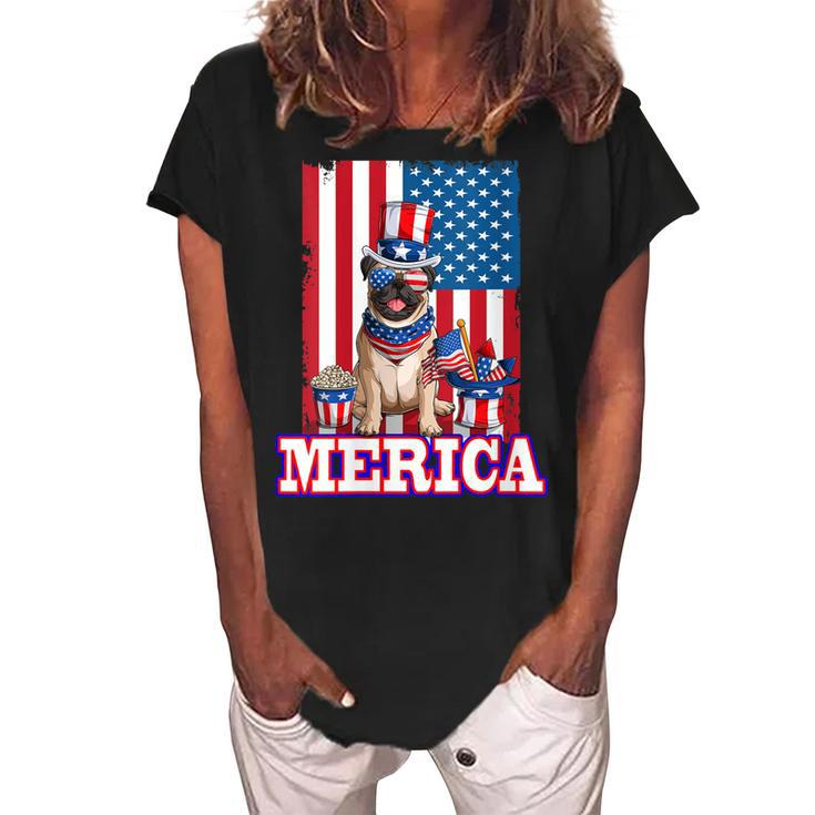 Womens Pug Dad Mom 4Th Of July American Flag Merica Dog  Women's Loosen Crew Neck Short Sleeve T-Shirt