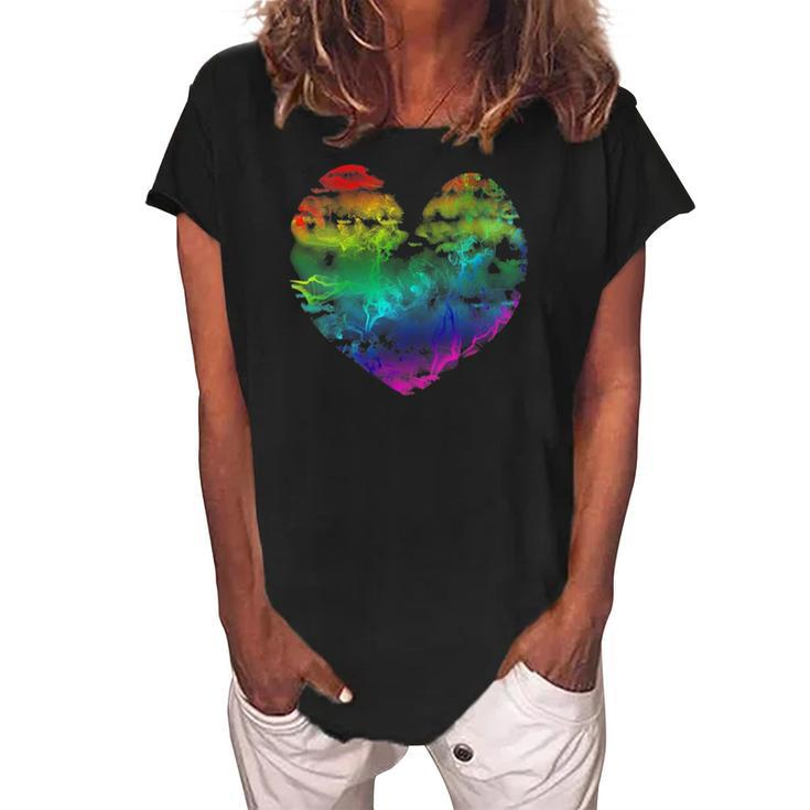 Womens Rainbow Cloudy Heart Lgbt Gay & Lesbian Pride Gift Women's Loosen Crew Neck Short Sleeve T-Shirt