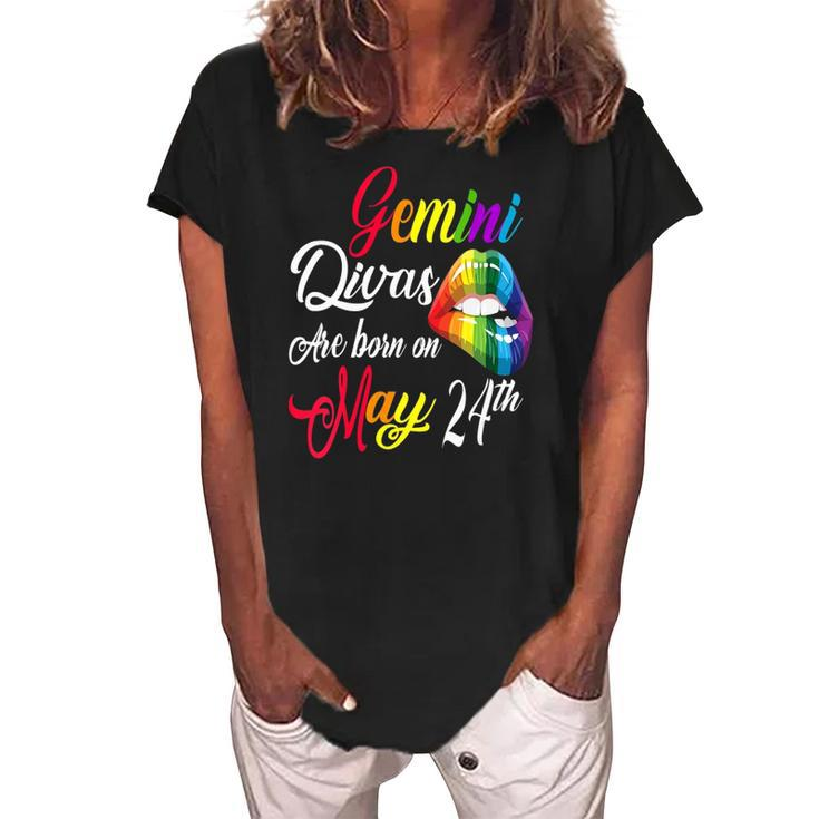Womens Rainbow Lips Divas Are Born On May 24Th Gemini Girl Birthday  Women's Loosen Crew Neck Short Sleeve T-Shirt