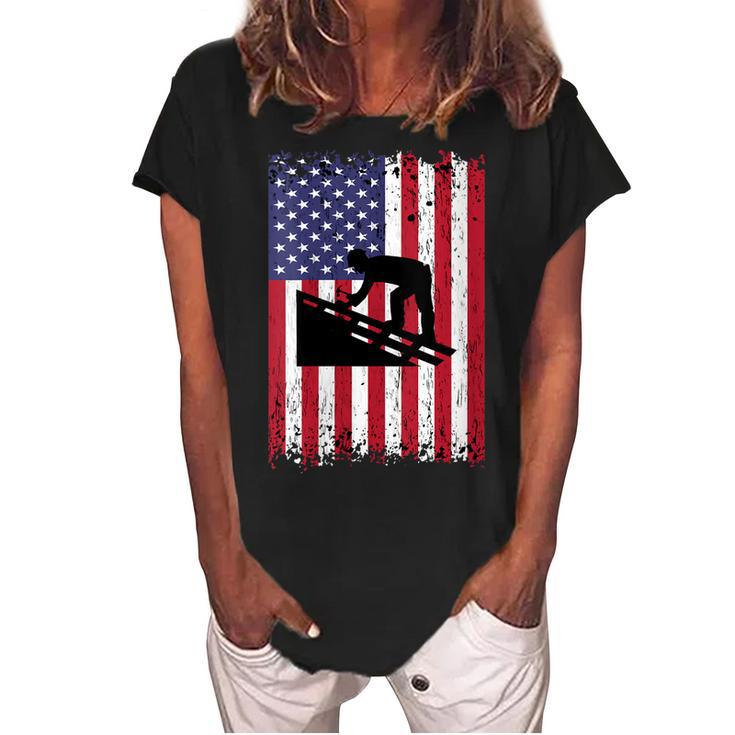 Womens Roofer Dad Usa Flag Patriotic 4Th Of July Gift  Women's Loosen Crew Neck Short Sleeve T-Shirt