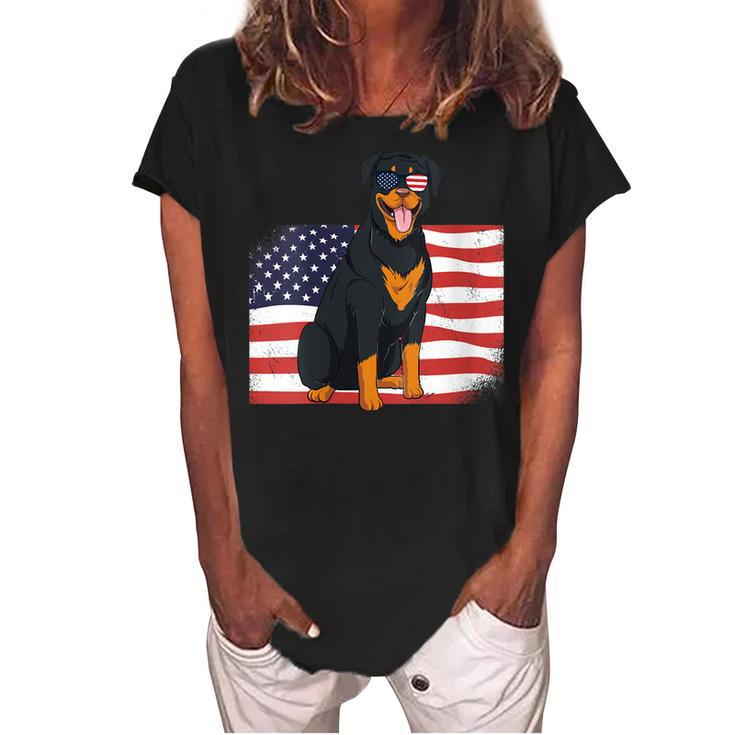 Womens Rottie Dad & Mom American Flag 4Th Of July Usa Rottweiler  Women's Loosen Crew Neck Short Sleeve T-Shirt
