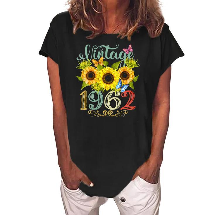 Womens Sunflower Floral Butterfly Vintage 1962 Funny 60Th Birthday Women's Loosen Crew Neck Short Sleeve T-Shirt