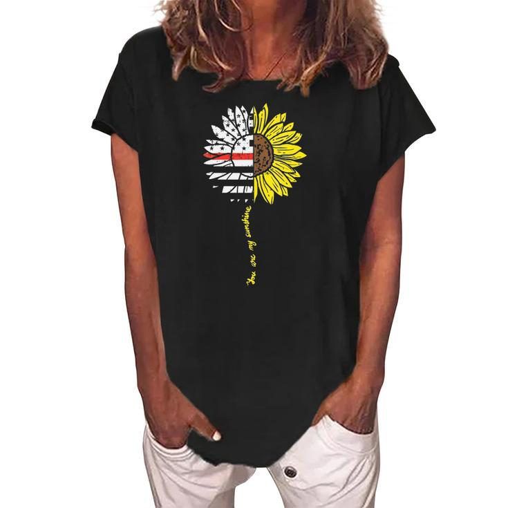 Womens Sunflower Thin Red Line Us Flag Sunshine Firefighter Gift Women's Loosen Crew Neck Short Sleeve T-Shirt