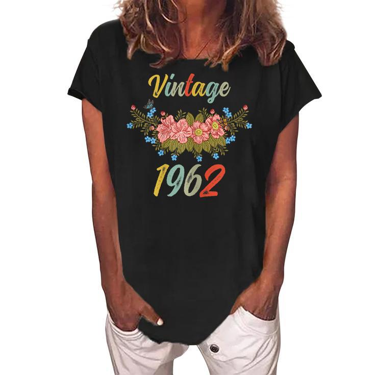 Womens Vintage 1962 Floral 60Th Birthday  Women's Loosen Crew Neck Short Sleeve T-Shirt