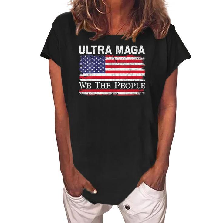 Womens We Are The People Men And Women Vintage Usa Flag Ultra Maga  Women's Loosen Crew Neck Short Sleeve T-Shirt