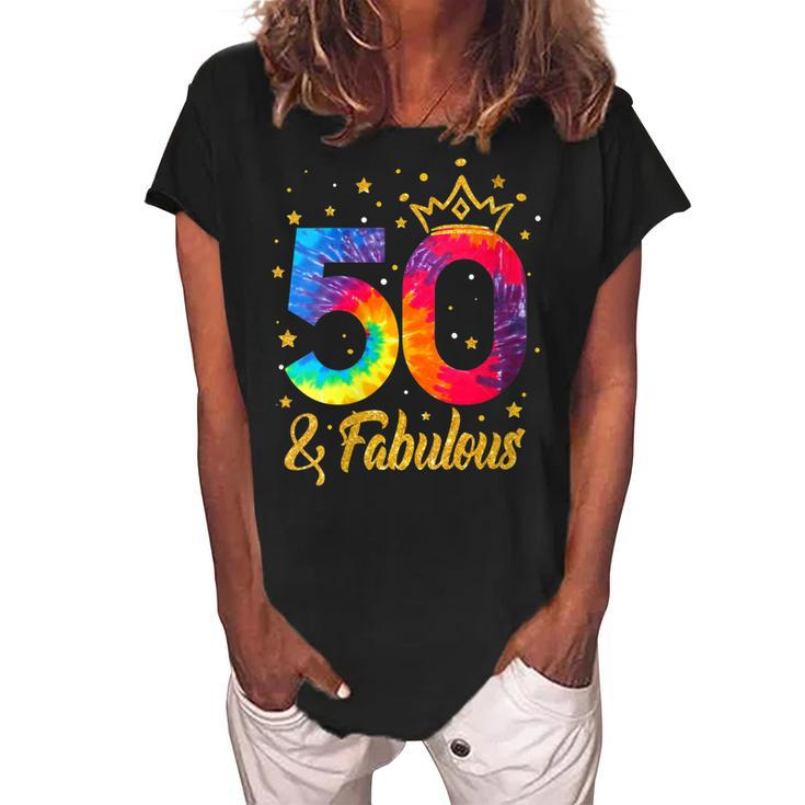 Womens Women 50 & Fabulous Happy 50Th Birthday Crown Tie Dye  Women's Loosen Crew Neck Short Sleeve T-Shirt