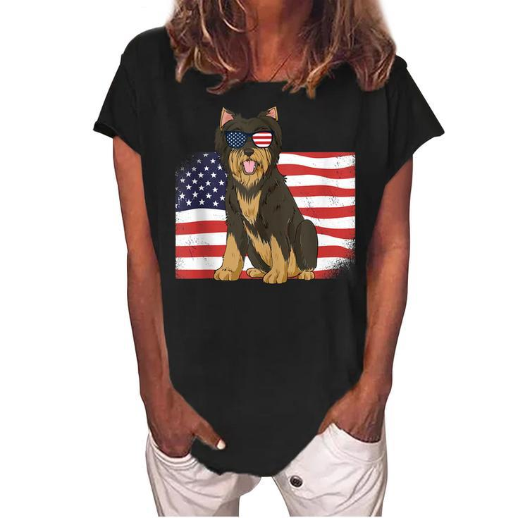 Yorkie Dad & Mom American Flag 4Th Of July Yorkshire Terrier  Women's Loosen Crew Neck Short Sleeve T-Shirt