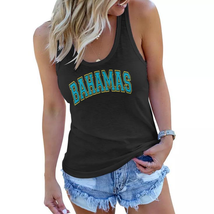 Bahamas Varsity Style Teal Text With Yellow Outline Women Flowy Tank