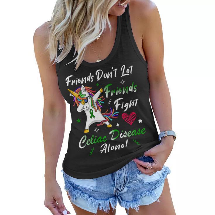 Friends Dont Let Friends Fight Celiac Disease Alone  Unicorn Green Ribbon  Celiac Disease  Celiac Disease Awareness Women Flowy Tank