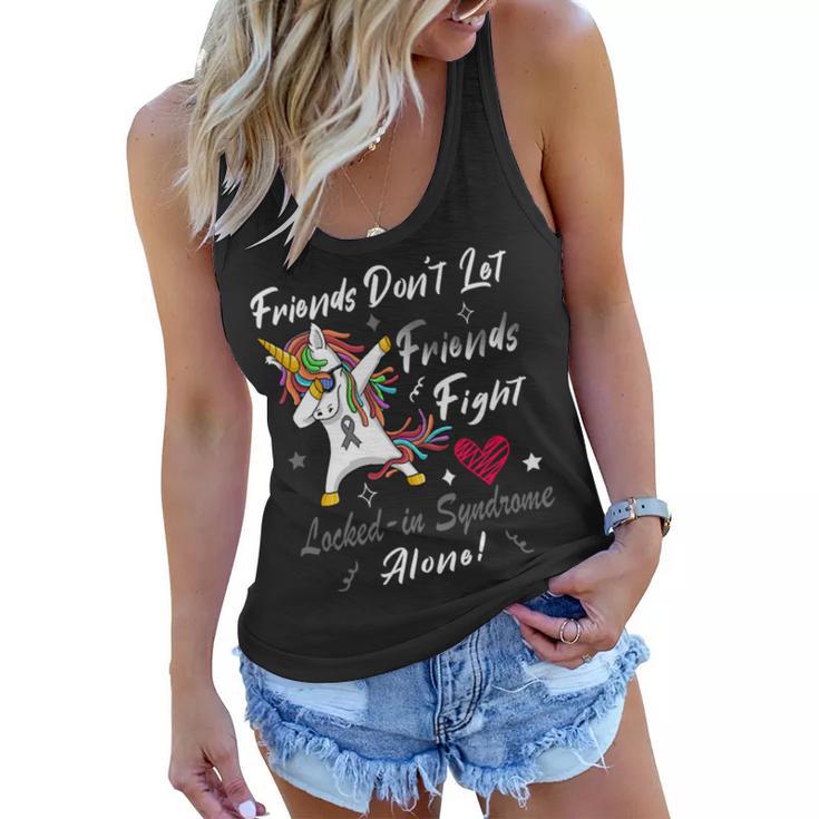 Friends Dont Let Friends Fight Lockedin Syndrome Alone  Unicorn Silver Ribbon  Lockedin Syndrome  Lockedin Syndrome Awareness Women Flowy Tank