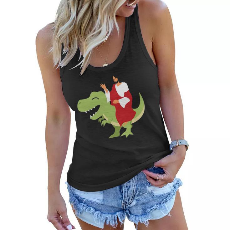 Funny Parody Jesus Riding Dinosaur Cute Meme Dino Gift Women Flowy Tank