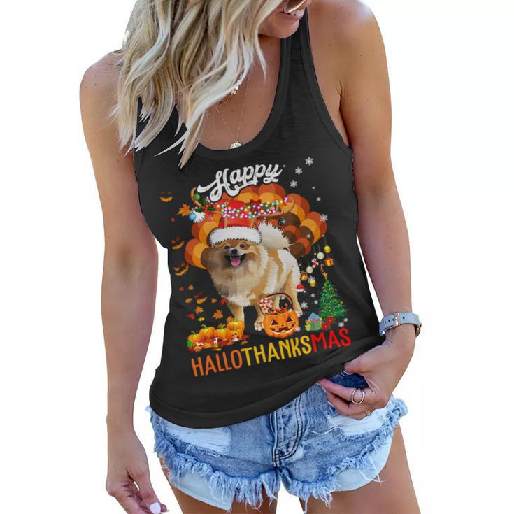 Hallothanksmas Santa Turkey Pumpkin Pomeranian Dog T-Shirt Women Flowy Tank