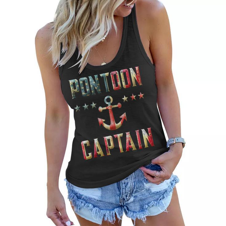 Patriotic Pontoon Captain Vintage Us Flag July 4Th Boating  Women Flowy Tank