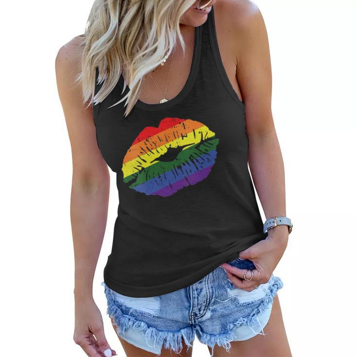 Womens Gay Kiss Rainbow Pride Flag Sexy Lips Proud Lgbt Q Ally Women Flowy Tank