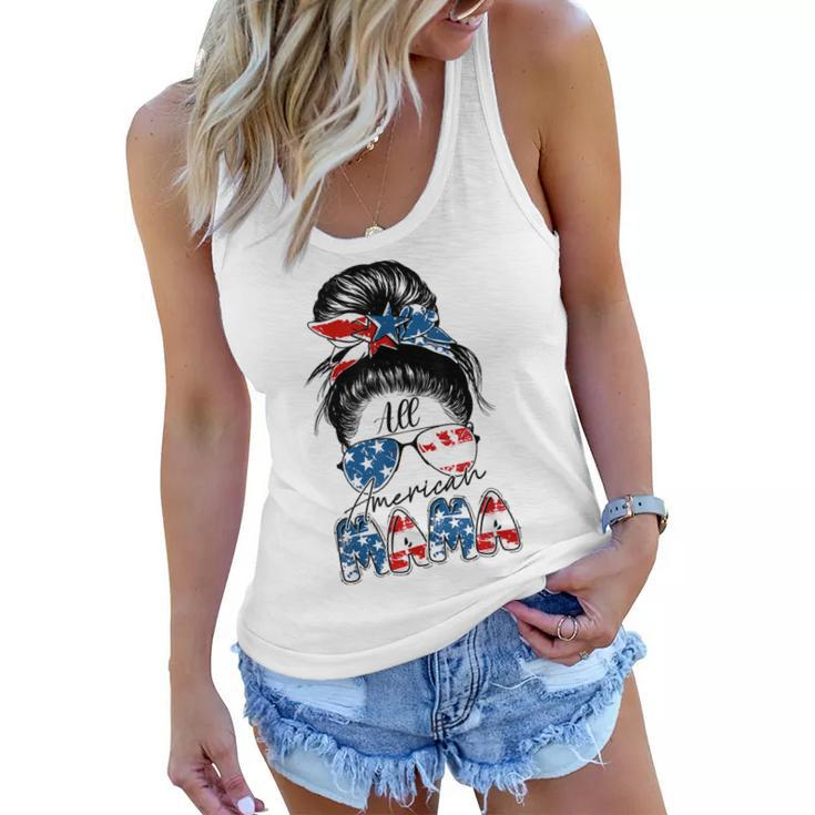 4Th Of July All American Mama Bleached  Messy Bun Funny  Women Flowy Tank