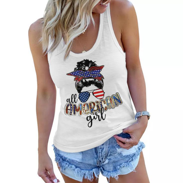 All American Girl Messy Bun Usa Flag Patriotic 4Th Of July  Women Flowy Tank