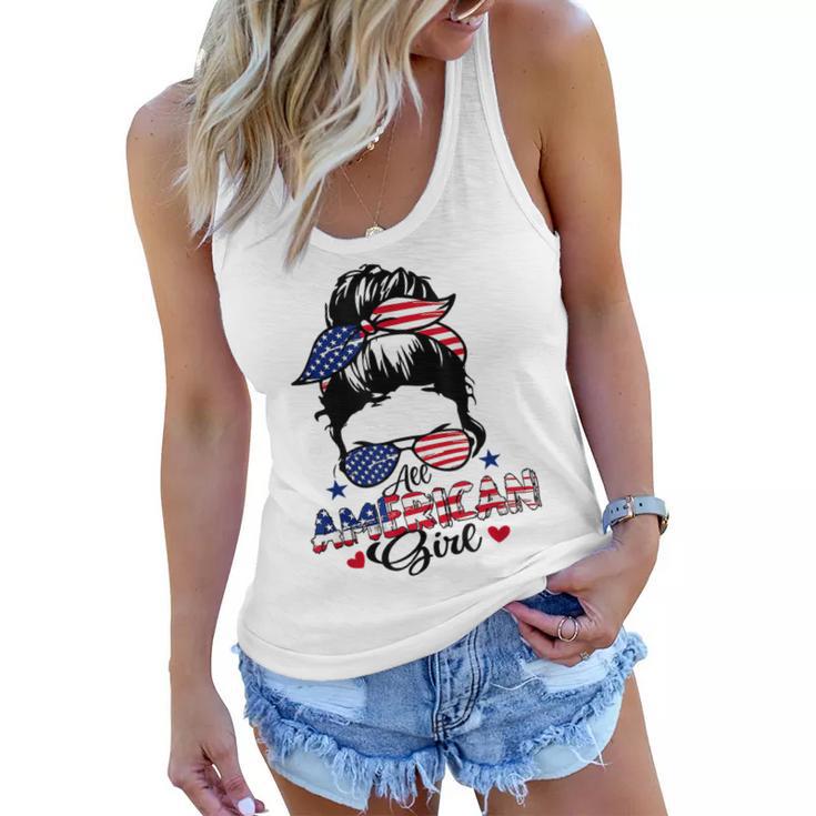 All American Girls 4Th Of July Messy Bun Patriotic  Women Flowy Tank