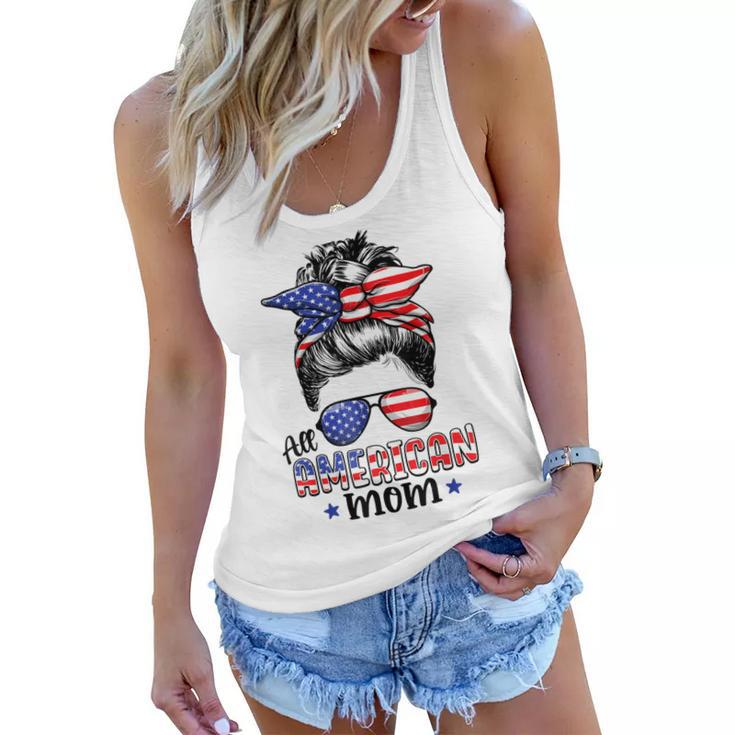 All American Mom Messy Bun Women 4Th Of July Patriotic Mom  Women Flowy Tank
