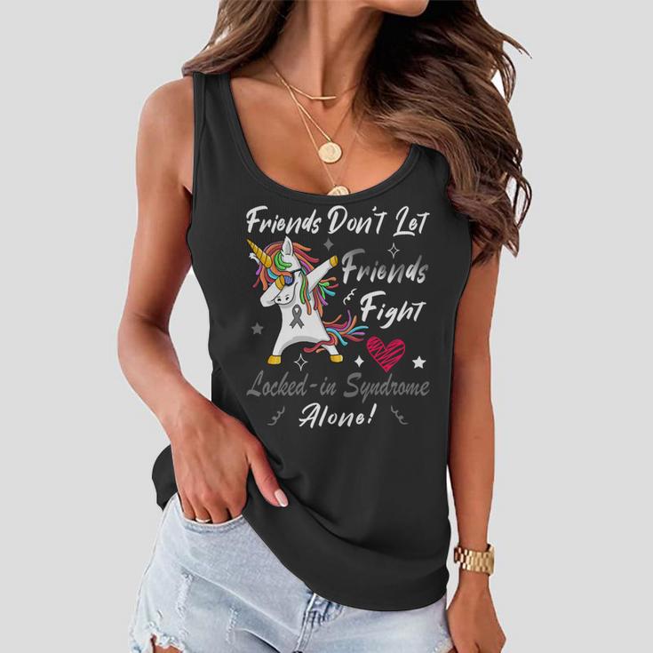 Friends Dont Let Friends Fight Lockedin Syndrome Alone Unicorn Silver Ribbon Lockedin Syndrome Lockedin Syndrome Awareness Women Flowy Tank