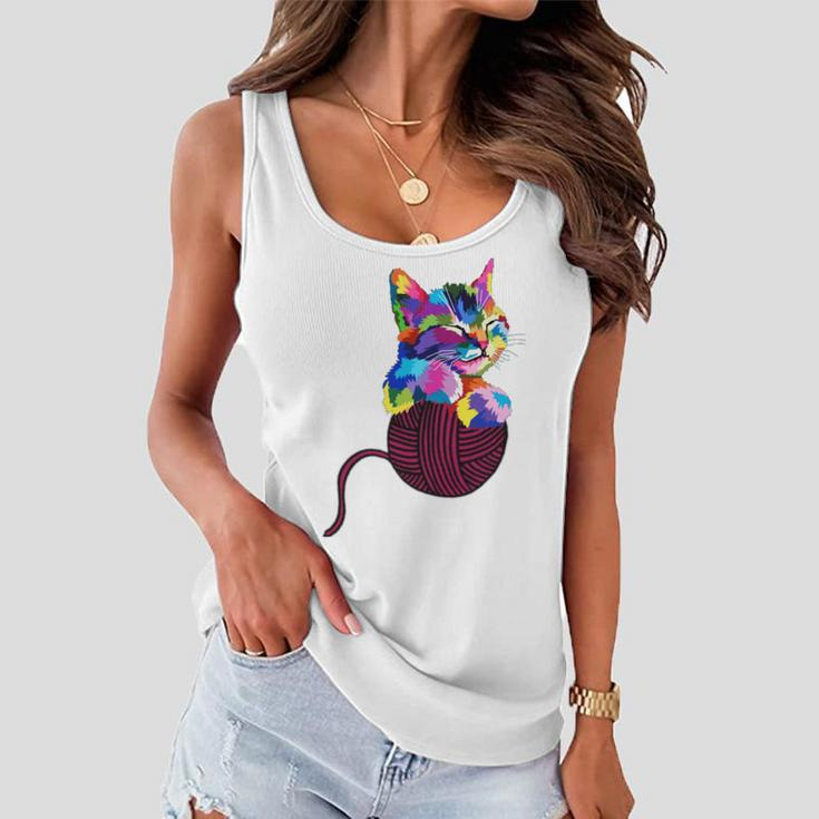 Cute Cat Gift For Kitten Lovers Colorful Art Kitty Adoption Women Flowy Tank