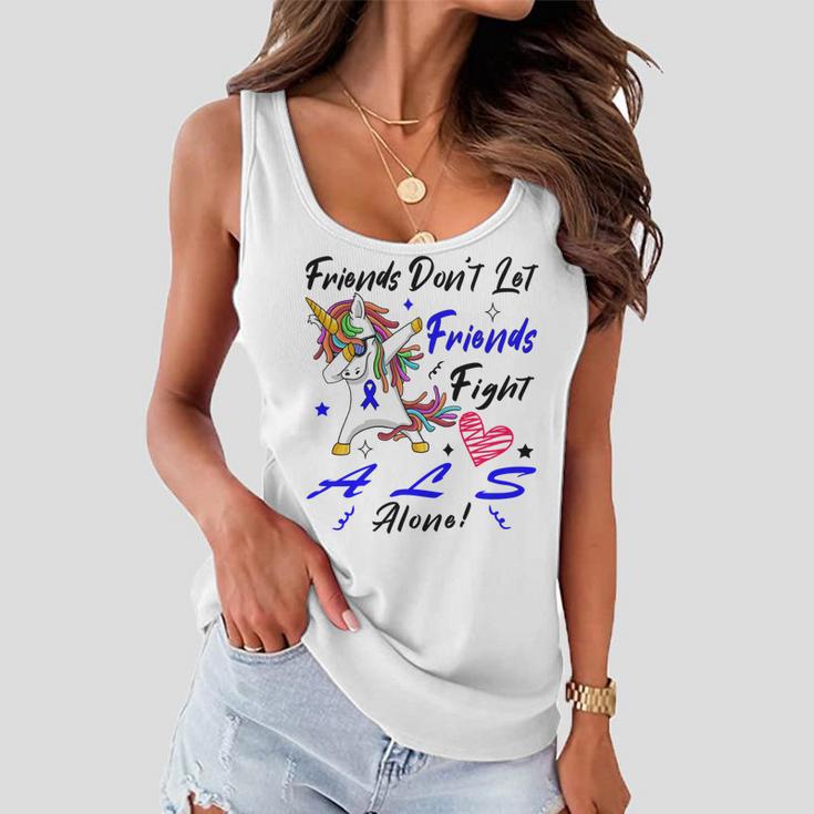 Friends Dont Let Friends Fight Als Alone Unicorn Blue Ribbon Amyotrophic Lateral Sclerosis Support Als Awareness Women Flowy Tank